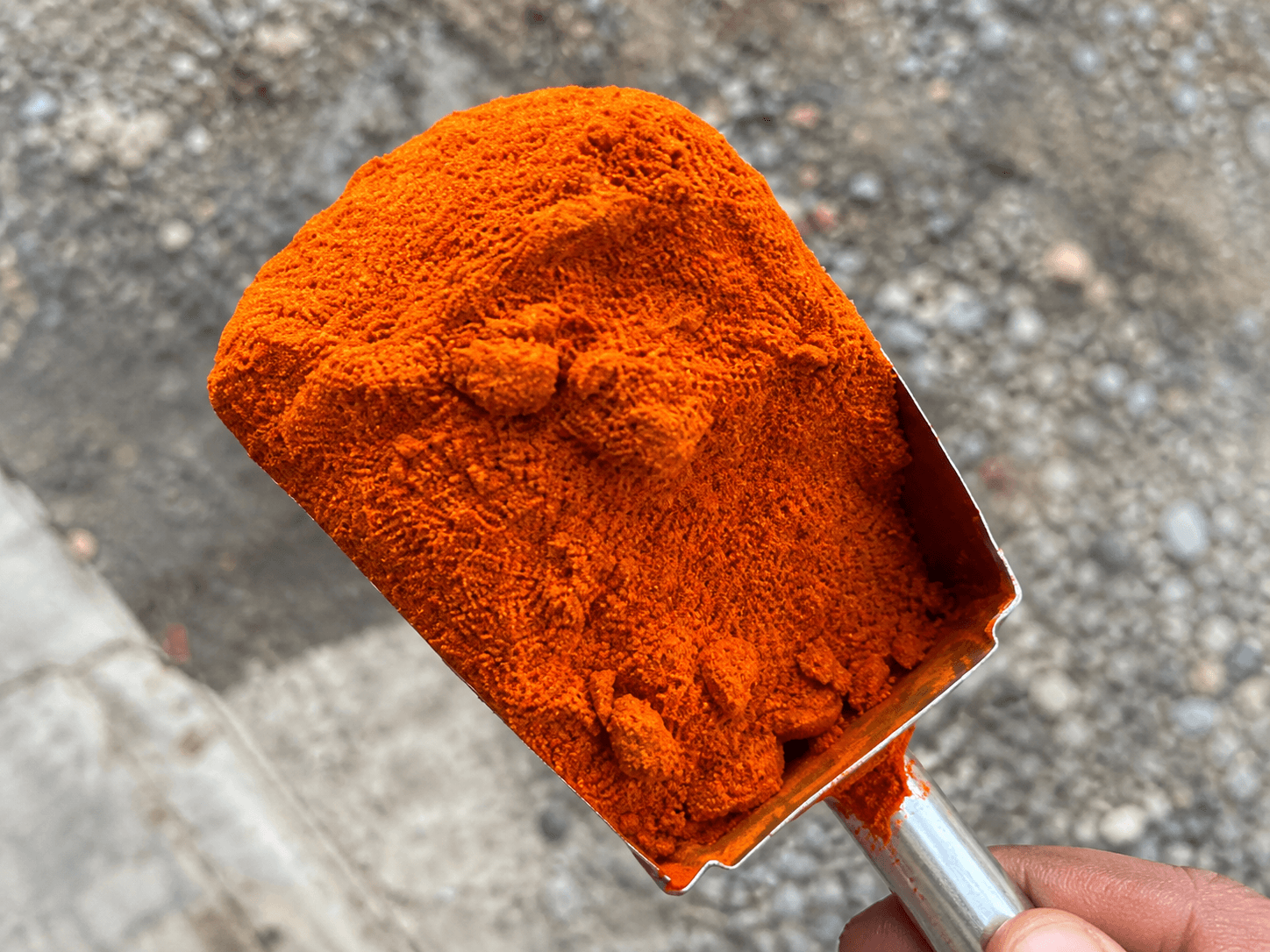 Orange-red chilli powder heaped on a metal scoop